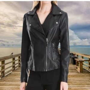 Max Studio L black faux leather biker jacket